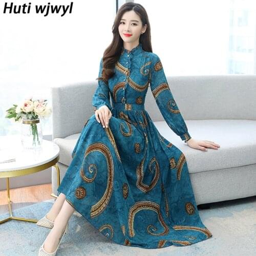 2021 Spring Autumn Print Vintage Maxi Dress Plus Size Chiffon Boho Beach Dress Women Casual Party Bodycon Elegant Long Vestidos