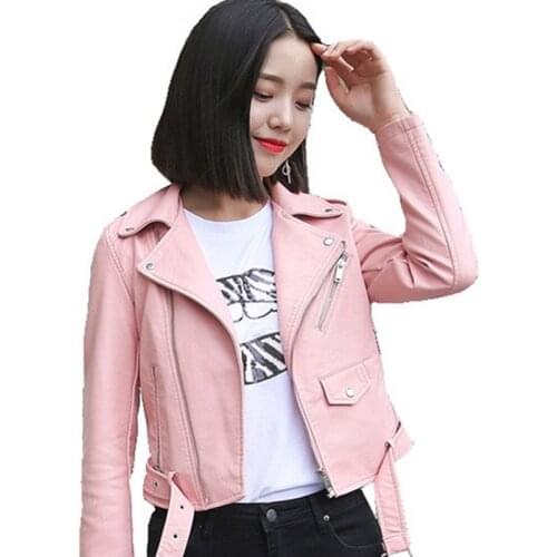 2020 spring Pu leather jacket womens fashion bright color black motorcycle coat short imitation leather cyclist jacket female