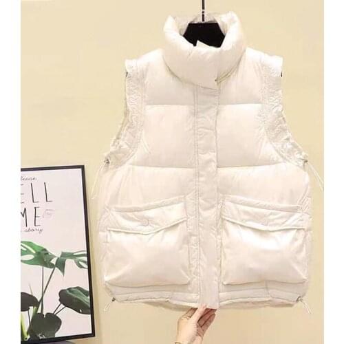 White Korean Winter Cotton Vest Women Sleeveless Down Coat Tops Lady Casual Short Outwear Waistcoat Parkas Jacket Coats Cloth