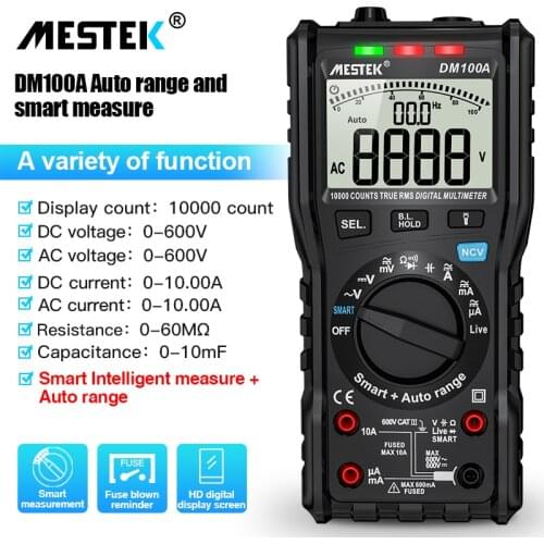 MESTEK Digital Multimeter 9999 Counts Auto Ranging AC/DC Voltage Meter Flash Back Light Large Screen NCV Tester DM100A
