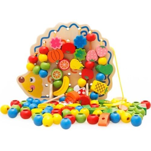 DIY Wooden Toy Cartoon Hedgehog Board Building Blocks Cute Color Fruit Vegetables Wear Beads Game Montessori Kids Education Gift