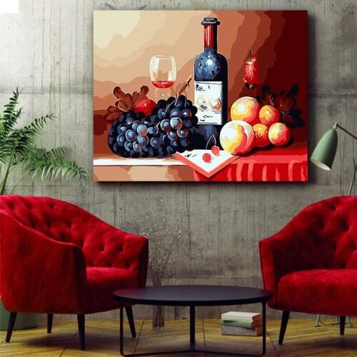 DIY colorings pictures by numbers with Red wine and fruit picture drawing Relief painting by numbers framed H