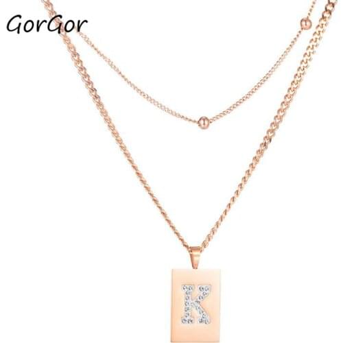 GorGor Necklace Women Stainless Steel Rose Gold Plated Rectangle K Letter Pendant Double Chain Temperament Jewelry TX-1775