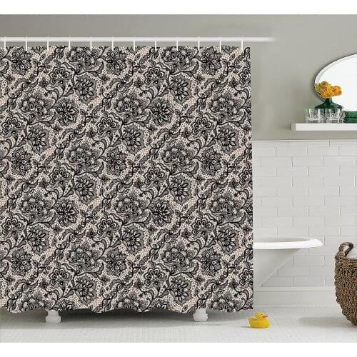 Gothic Shower Curtain Abstract Graphic Lace with Flowers Butterflies Old Fashioned Nature Inspired Waterproof Bath Curtains