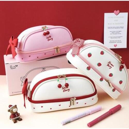 Kawaii Large Capacity PU Leather Pencil Case Cute Strawberry Bear Pencilcase Stationery Pen Case School Supplies Pencil Box