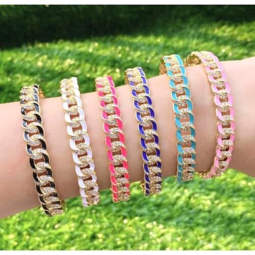 3Pcs High quality colorful enamel pave cubic zirconia cuban chain hard open cuff bangle bracelet jewelry