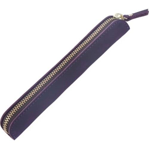 Handmade Leather Pencil Bag Vintage Retro Zipper Fountain Pen Brush Pouch Case