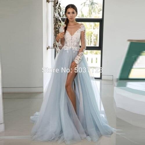 Light Blue Wedding Dresses Tulle Long Sleeves A Line Lace Appliques Button Illusion Bridal Gowns Sweep Train Vestido De Noiva