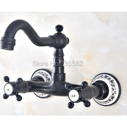 Black Oil Rubbed Brass Kitchen Sink Faucet Wall Mounted Double Handle Bathroom Basin Cold And Hot Mixer Tap Lnf461
