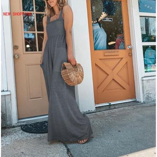 Summer Sexy Solid Womens Jumpsuit Fashion Casual Romper Boho Overalls Loose Cotton Linen Wide Leg Pants Ladies Jumpsuits 2021