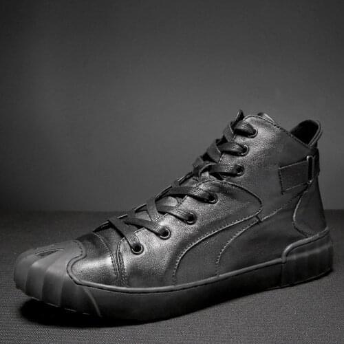 Mens high-top sneakers Pure black lace-up leather top layer cowhide leather retro sports casual shoes