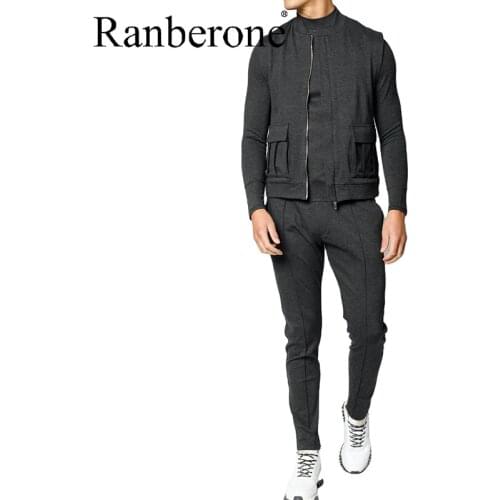 Ranberone Mens Sports Suit Vest Sweater Trousers Three Piece Suit Solid Casual Tracksuit Men Jogging Running Workout Sportswear