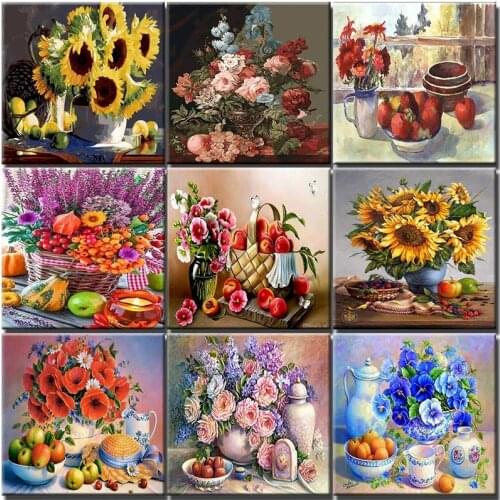 Fruit Vase Picture By Number Flowers Oil Painting On Canvas Frame DIY Craft Kits For Adult Color Drawing Home Decortive Art Gift