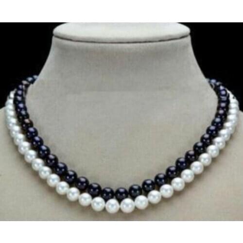 2 strands 7x8mm white black pearl 2 rows necklace natural Freshwater PEARL Women Jewelry 35cm 43cm 15'' 17