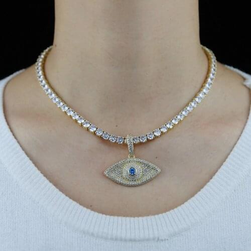 Iced out women hip hop necklace with 5mm cz paved tennis chain paved blue cz paved eye shape pendant necklace jewelry wholesale