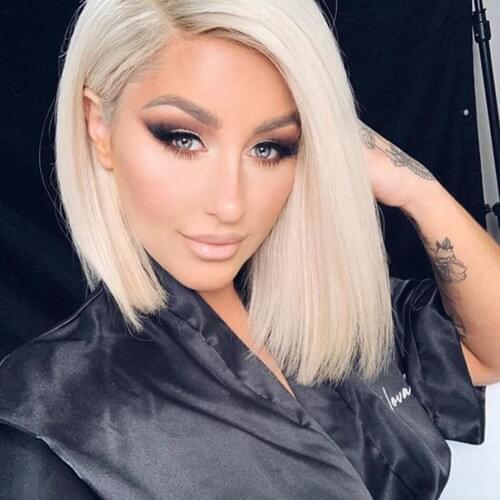 BYMC #60 Full Lace Human Hair Wig Grey Blonde Color Short Bob Wig 130% Glueless Pre Plucked With Baby Hair Remy Straight