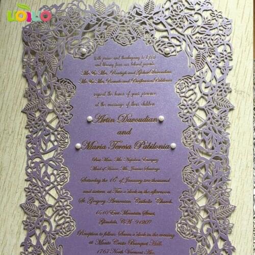 Free shipping 50set inc34 Laser Cut Wedding invitations Card Wedding rose purple Pearl Paper Invitation Card Party Favors