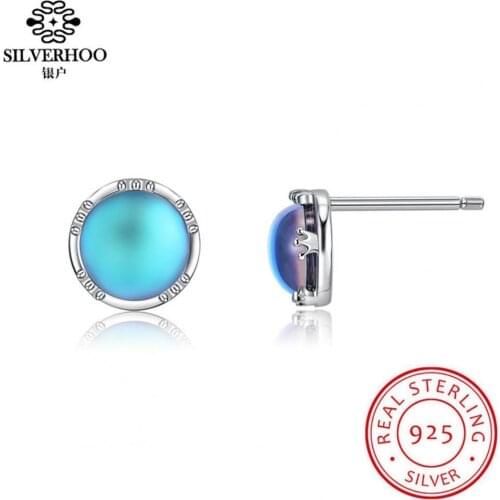 SILVERHOO Women Girls 100% 925 Sterling Silver Stup Earring Round Luminous Stone Party Romantic Gift For Girlfriend Fine Jewelry