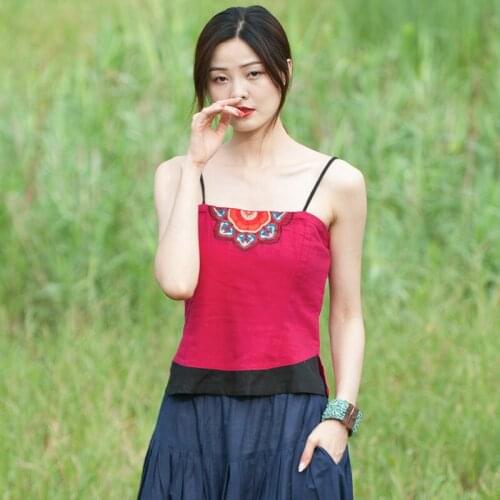 Women Cotton Linen Embroidered Camis Ladies Short Tops Female Sleeveless Tops Spaghetti Strap Tops Camis 2020 Summer