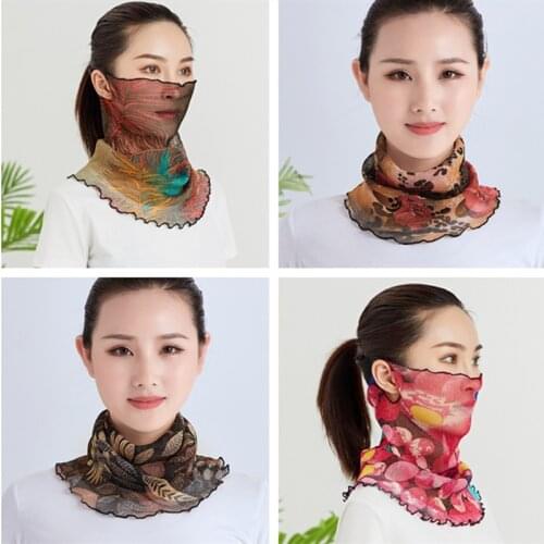 Women floral Bib Headdress Chiffon Lace Printed Flower Scarf mask Square Scarf Multifunctional Turban Headband with ear hook