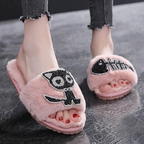 Winter House Ladies Fur Slippers Cute Cat And Fish Bones Decor Bedroom Flat Women Plush Shoes Indoor Girls Fluffy Slippers qq970
