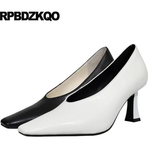 2021 Thick Italian Size 4 34 Big 33 Pumps High Heels Square Toe Genuine Leather White Ladies Formal Shoes Runway Celebrity Court