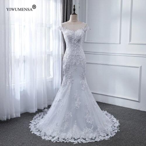 A12 Full Lace Bodice Short Sleeves Mermaid Wedding Dress Bohemian Illusion Tulle Back Vestidos De Novias Bride Dresses Plus Size