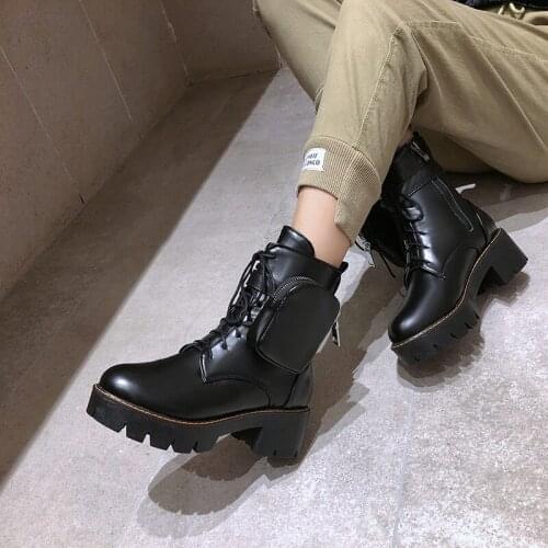 Spring Autumn Ankle Boots Women Platform Boots Rubber Sole Buckle Black Leather PU High Heels Shoes Woman Comfortable