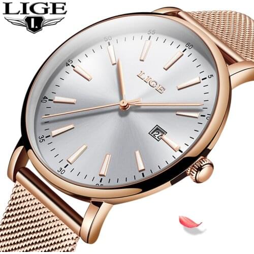 LIGE Women Fashion Gold Blue Quartz Watch Lady Mesh Watchband High Quality Casual Waterproof Wristwatch Moon Phase Clock Women