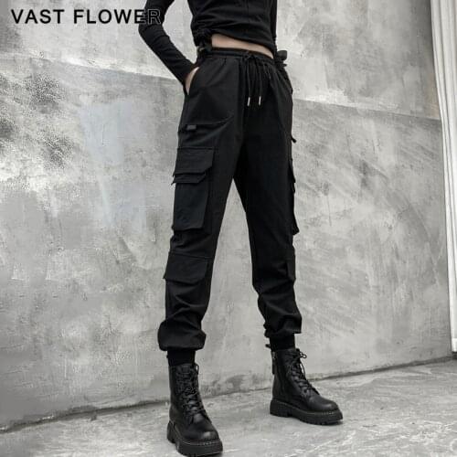 Black Patchwork Pockets Vintage Cargo Pants Women New High Waist Drawstring Fashion Streetwear Loose Casual Trousers Spring 2021