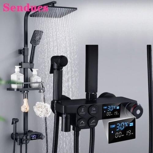 Senducs Digital Bath Shower Set of Brass Bathroom Mixer Faucets ABS Rainfall Shower Head Hot Cold Thermostatic Bath Shower Set