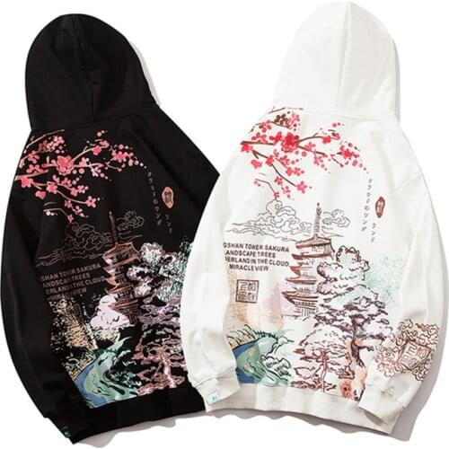 Chinese Style Cherry Blossoms Tower Print Hoodies Couple Sweatshirts Streetwear Men Hip Hop Casual Hooded Fleece Pullover Tops