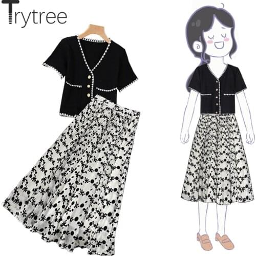 Trytree Summer Women Two Piece Set Casual Pockets Buttons Knitted Tops + A-line Skirt Elasitc Waist Office Lady 2 Piece Suit