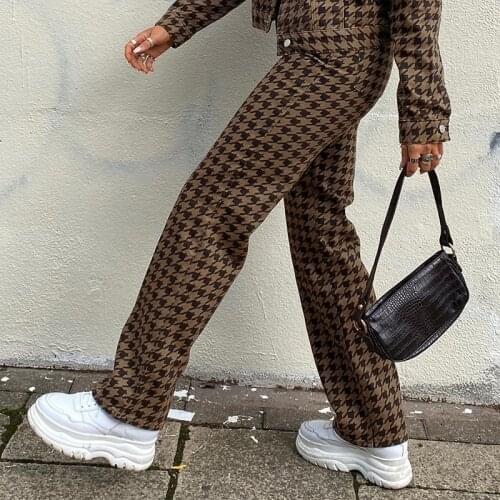 Brown Houndstooth Print Vintage Y2k Pants Fashion Women 2021New High Waisted Plaid Sweatpants Harajuku Long Trousers Capris