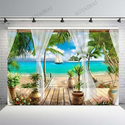 Summer Beach Palm Tree Sea Ship Natural Scenery Backdrops Child Birthday Party Backdrop Photography Background for Photo Studio