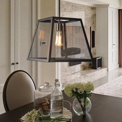 Loft Retro Iron Glass Box Chandelier Living Room Dining Room Restaurant Bedroom Bar Table Fish Line Chandelier Bed luminaria