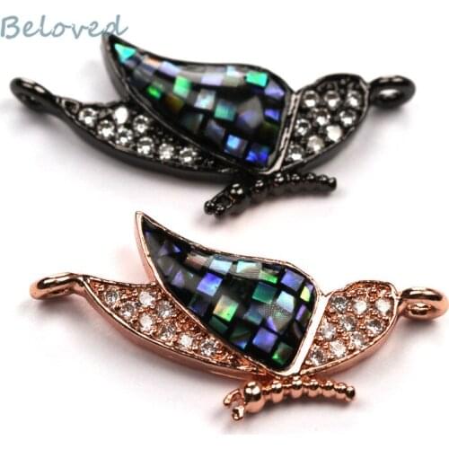 Micro Pave Clear CZ Zirconia Insect Shape Copper Connector, Rose Gold Abalone Shell Pave Charms Fit Jewelry Making, BG18169