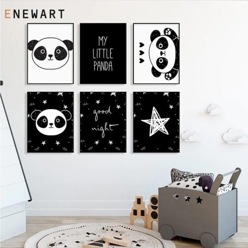 Minimalist Nursery Wall Art Canvas Painting Black White Kawaii Panda Poster Print Nordic Kids Bedroom Decoration Pictures