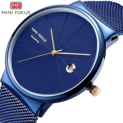MINI FOCUS 2020 Fashion Men Watches Top Brand Luxury Quartz Watch Men UltraThin Blue Mesh Strap Auto Date Display Clock Relogios