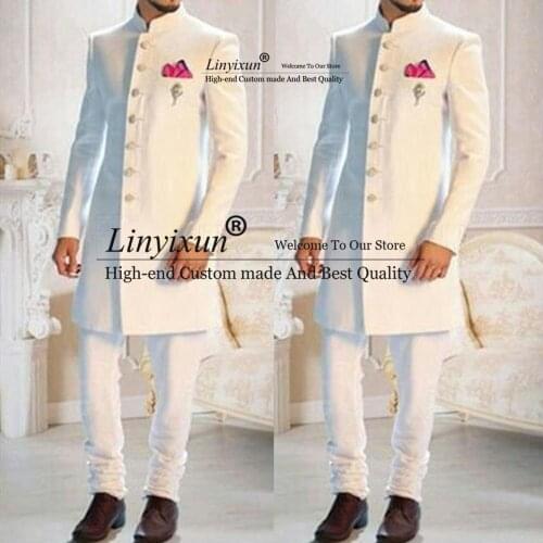 White Mens Suit Elegant Luxury Ethnic Indian Tuxedo Groom Suits For Men Wedding Pajama Christmas Suits 2PCS Long Jacket & Pant