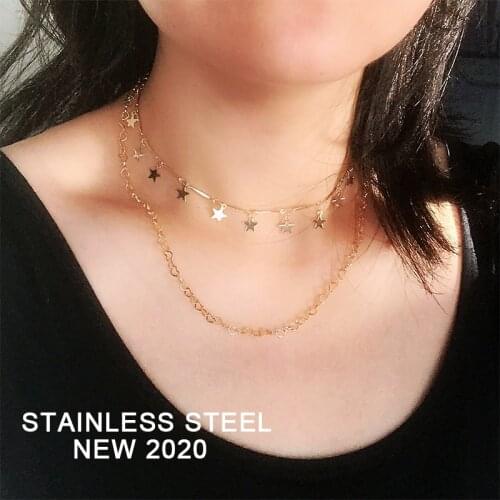New Multilayer Stainless Steel Heart-Shaped Stick Star Tassels Chain Women Gold Silver Color Pendants Necklaces Choker Jewelry