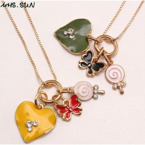 MHS.SUN Newest Butterfly/Heart/Lollipop Charming Pendant Necklace Handmade Kids Girls Chain Necklace Choker For Party Gift 2PC