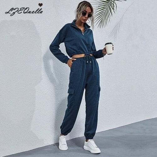 Autumn Winter Streetwear Women Joggers Zipper Lace Up Sweatshirt Pants Two Pieces Set Tracksuit Fleece Outfits Sweatpants NZ3436