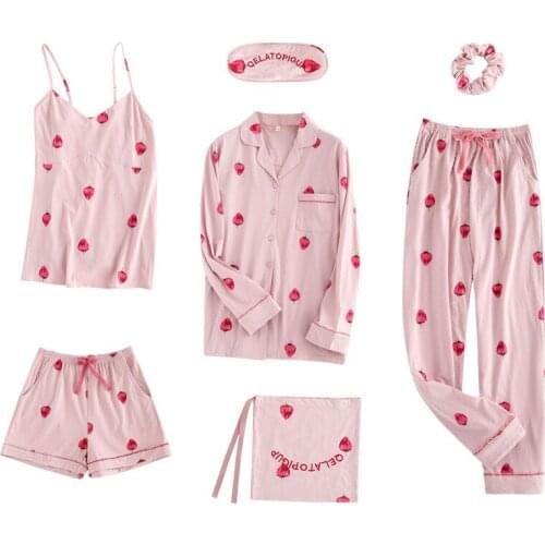 Autumn women pajama sets seven-piece Polyester long-sleeve Korean Strawberry cute sexy home suit sleepwear