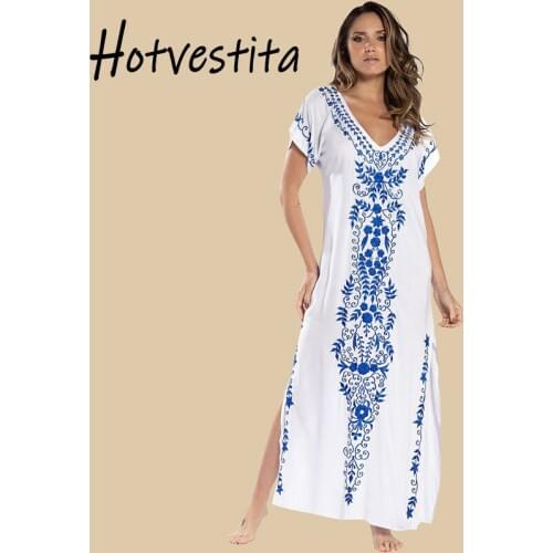 SOGA DRESS Kaftan Dress Beach Short Sleeve Summer Dress Cotton Embroidered Tunic Bilateral Spli Women Sarong Beach Wrap Cover Up