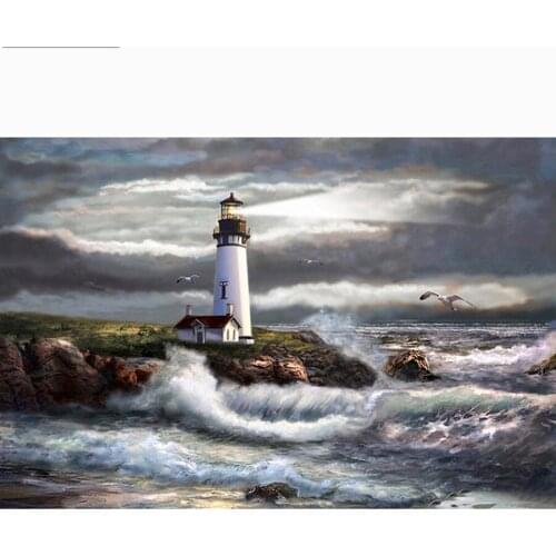 Full Square Round 5D DIY Diamond Painting Seaside lighthouse Pictures 3D Diamond Embroidery Mosaic Crystal Gift Home Decor DF159