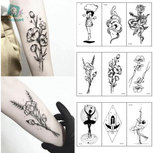 Rocooart Hot 1PC Popular Ballet Black White Flowers Tattoos Sticker Temporary Drawing Body Art Fake Water Transfer Taty
