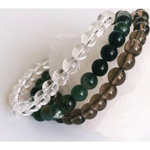 Stacking Bracelet For Men Women Crystal Q-uartz Moss A-gate And Smoky Q-uartz Beaded Bracelet 3Pcs/Set Yoga Healing Jewelry