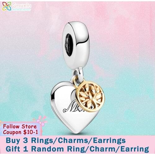 Smuxin 925 Sterling Silver Charm Two-tone Family Tree & Heart Dangle Charm fit Original Pandora Bracelets for Women DIY Jewelry