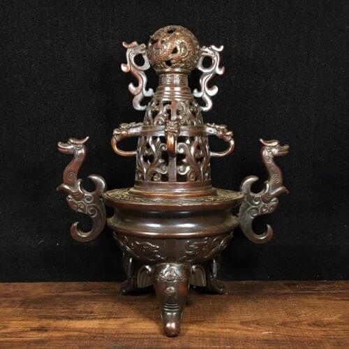 10"Tibet Buddhism Old Bronze Cinnabar Double Dragon Play Bead Statue Pixiu handle incense burner Town House Exorcism
